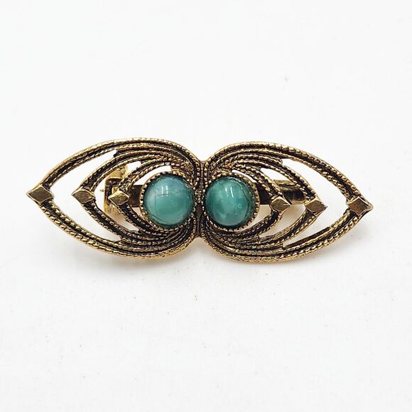 Vintage Long Victorian Revival Bar Brooch Faux Pearl & Faux Turquoise Gold Tone - Picture 1 of 4